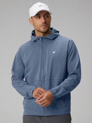 Men's light blue heathered Fabletics The One full-zip hooded jacket with elastic cuffs and zip pockets