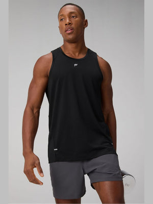 Men's black Fabletics O2 running tank with moisture-wicking fabric, ribbed hem, and reflective side tag