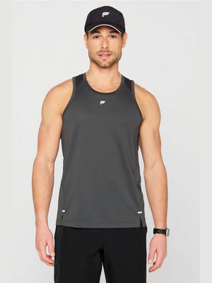 Men's dark gray Fabletics O2 running tank with black shoulder panels, side slits, and moisture-wicking mesh fabric