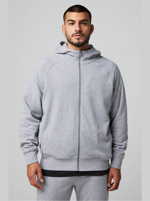 Men's heather gray Fabletics full zip hoodie with French terry fabric, raglan sleeves, and relaxed fit