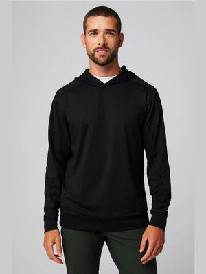 Fabletics The Cloud Jersey Hoodie in black, relaxed fit with ribbed cuffs and hem, smooth matte fabric for travel or yoga