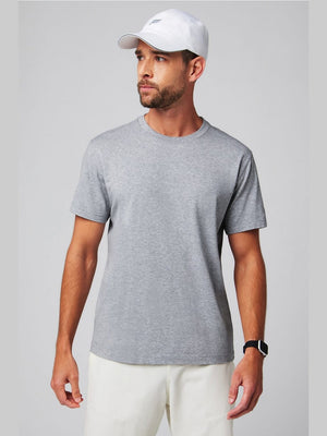 Fabletics men's heather gray short sleeve crew neck t-shirt in soft Hybrid365 cotton modal blend with anti-stink sweat wicking tech