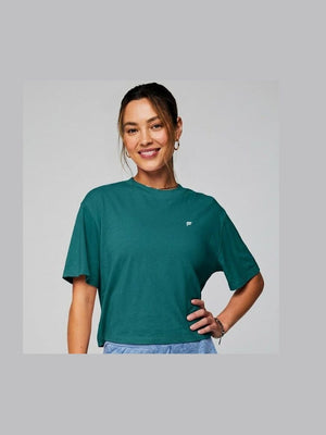 Fabletics teal green boxy cotton crew neck tee with relaxed fit and embroidered logo