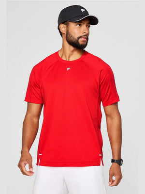 Fabletics The O2 Tee men's vibrant red short sleeve running shirt with crew neck and white logo
