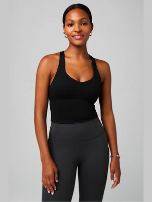 Fabletics black built-in bra tank top with deep V-neck and ribbed texture for yoga or running