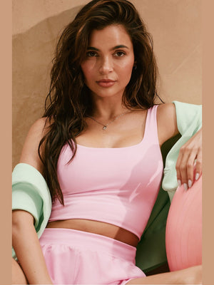 Fabletics PureLuxe light pink built-in bra tank top with square neckline and ribbed hem detail