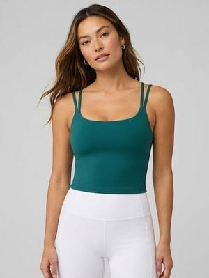 Fabletics built-in bra tank top in emerald teal with strappy racerback and seamless performance fabric