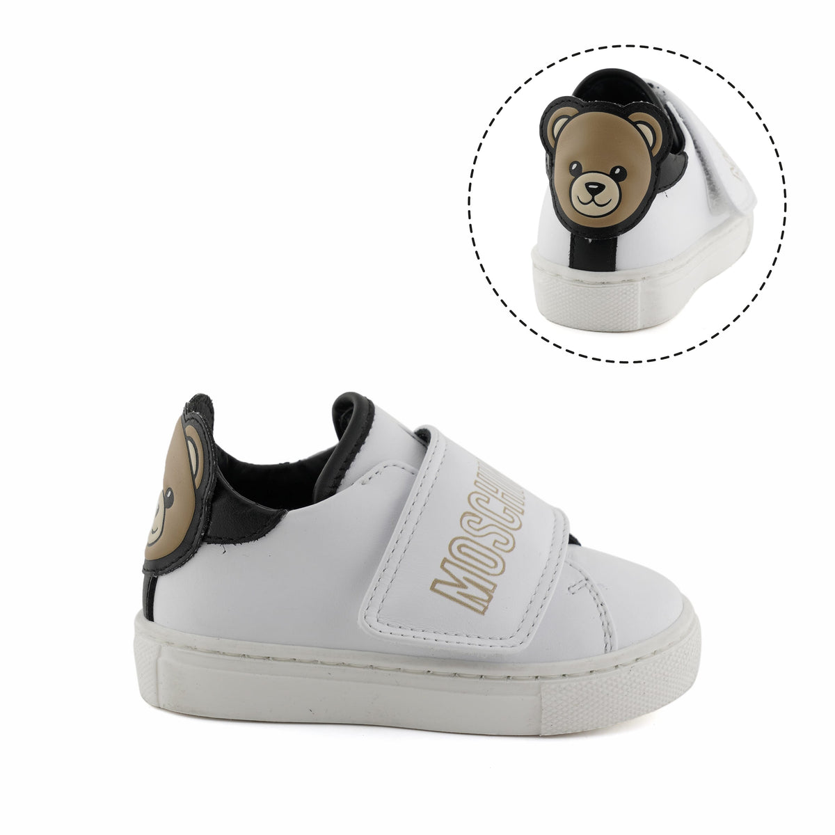 MOSCHINO SNEAKERS LOW LEATHER WITH TEDDY BEAR PATCH AND MARKER EFFECT LOGO ON VELCRO STRAP CLOSURE