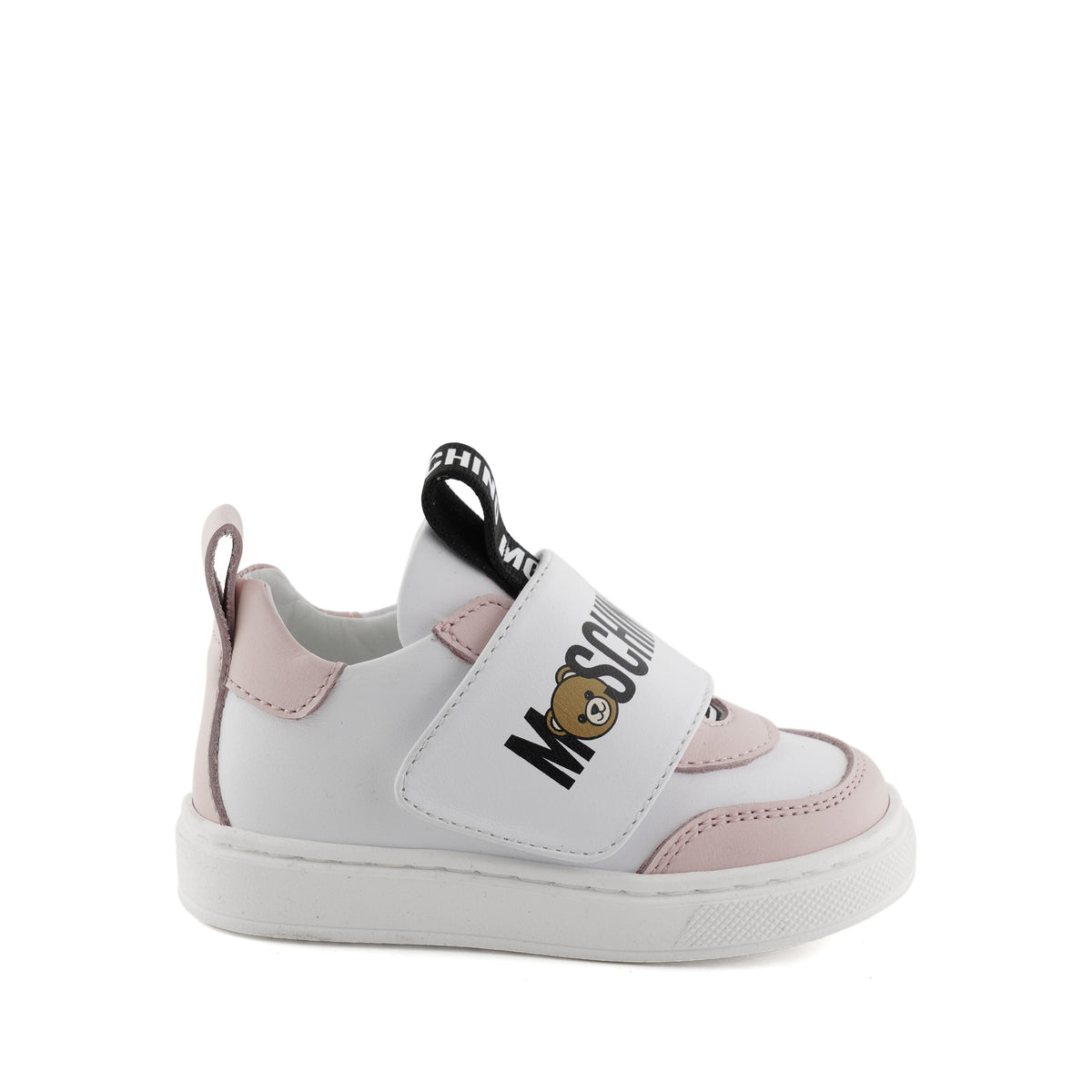 MOSCHINO SNEAKERS LOW WITH LOGOED TAPE ON TONGUE AND CONTRAST LOGO STRAP CLOSURE