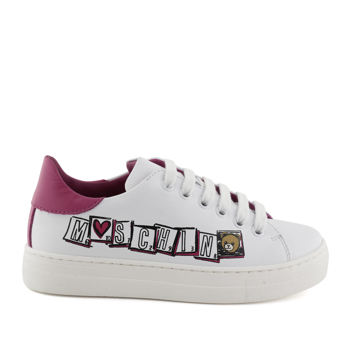 MOSCHINO SNEAKERS LOW LEATHER WITH CONTRAST HEEL TAB AND SIDE LOGO WITH ALPHABITS SQUARED FONTS