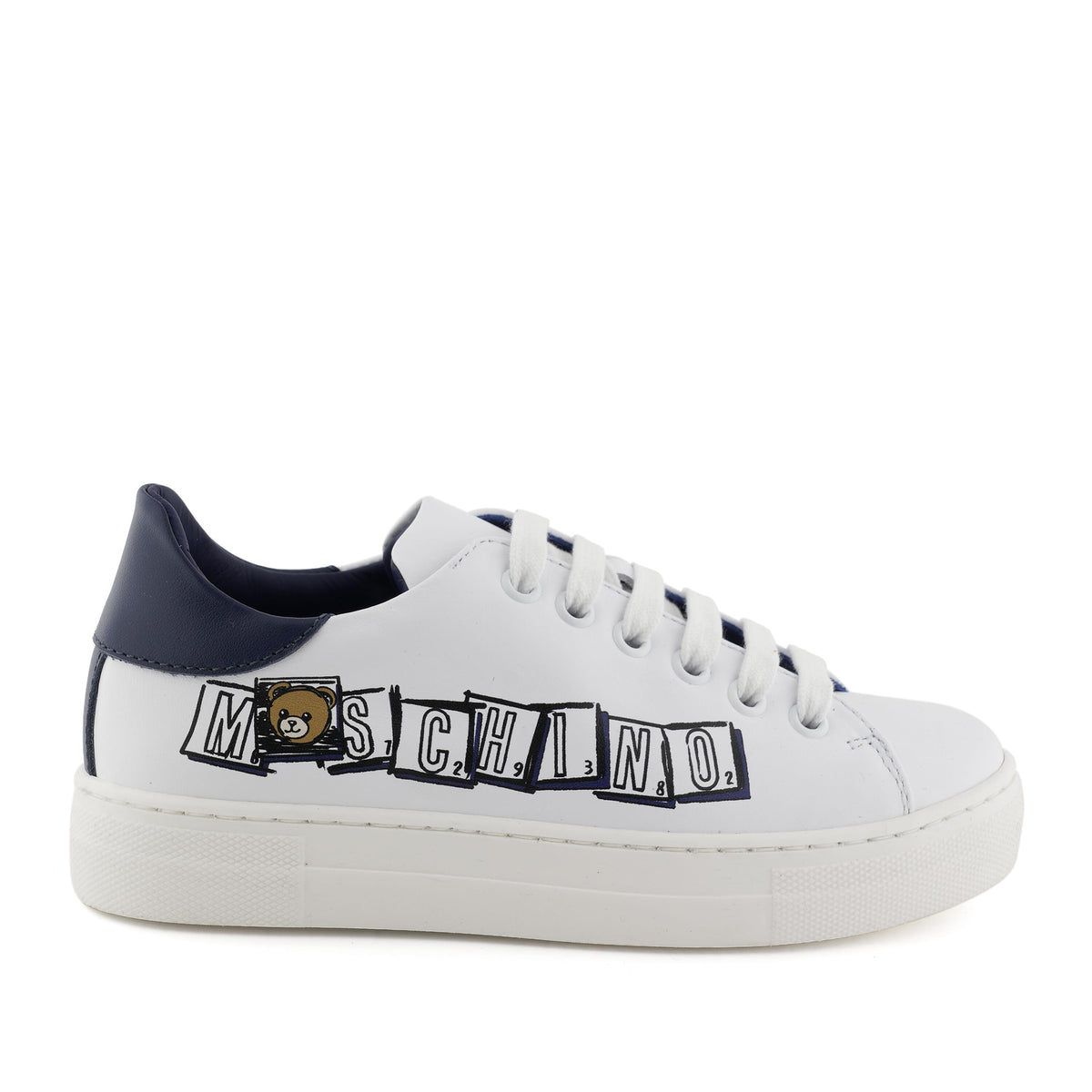 MOSCHINO SNEAKERS LOW LEATHER WITH CONTRAST HEEL TAB AND SIDE LOGO WITH ALPHABITS SQUARED FONTS