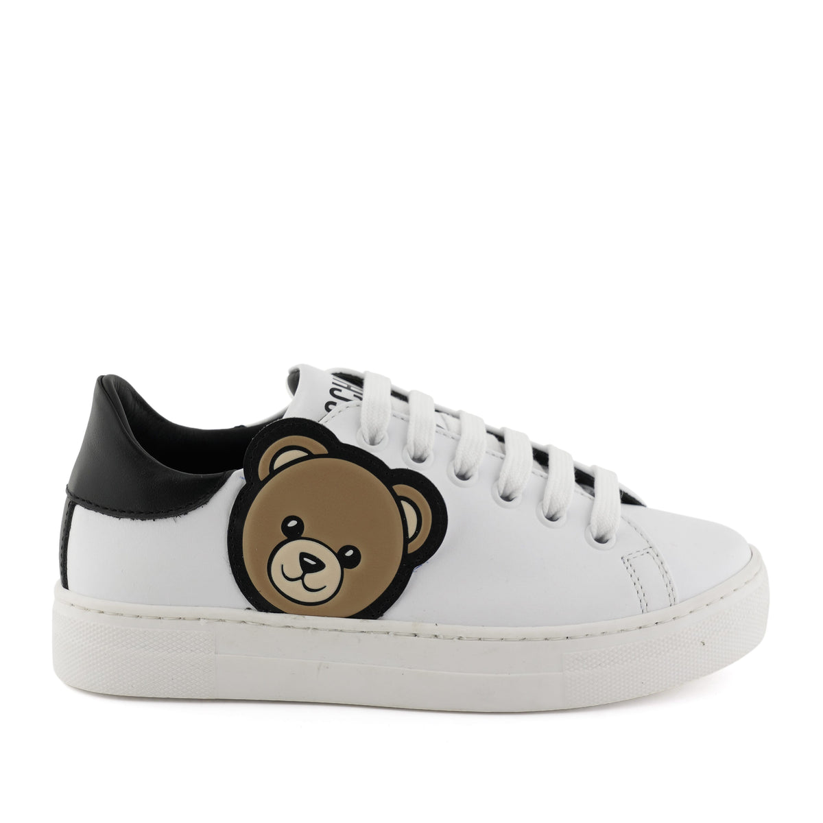 MOSCHINO SNEAKERS LOW LEATHER WITH CONTRAST HEEL TAB AND SIDE TEDDY BEAR PATCH