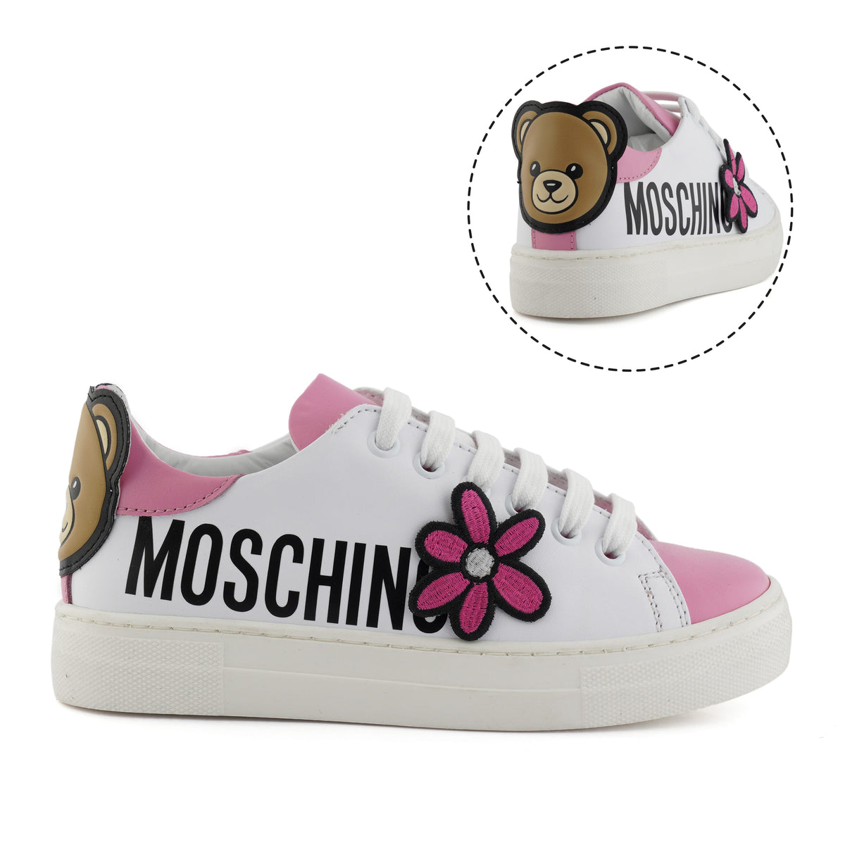 MOSCHINO SNEAKERS LOW LACE UP LEATHER WITH TEDDY BEAR PATCH ON HEEL