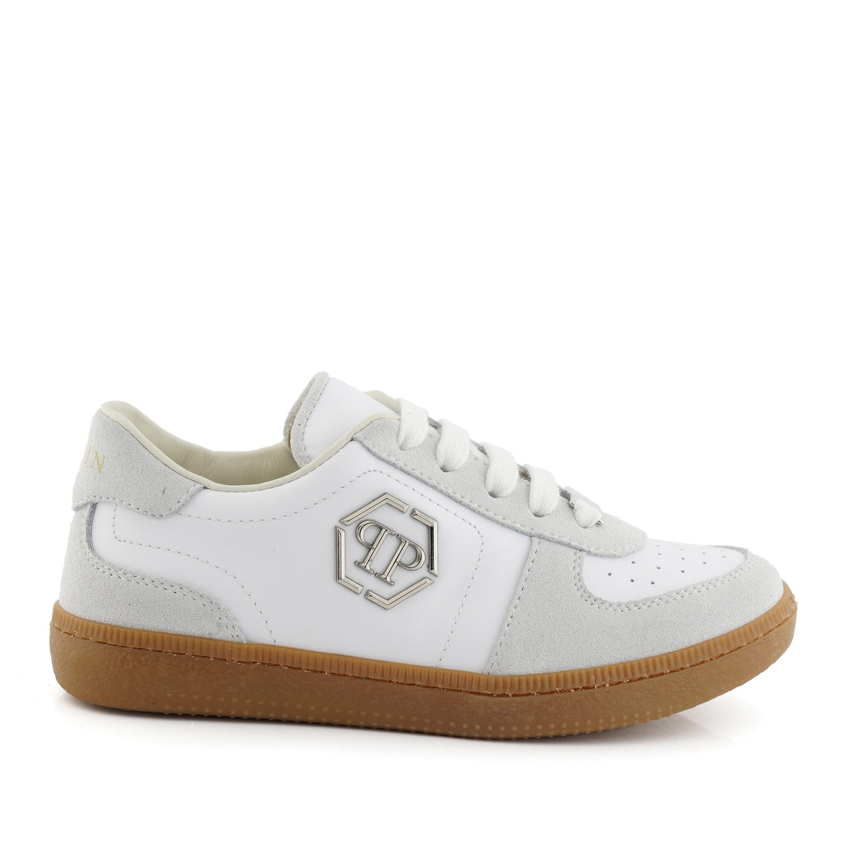 PHILIPP PLEIN SNEAKERS LOW LACE-UP LEATHER AND SUEDE WITH PP HEXAGON ON SIDE