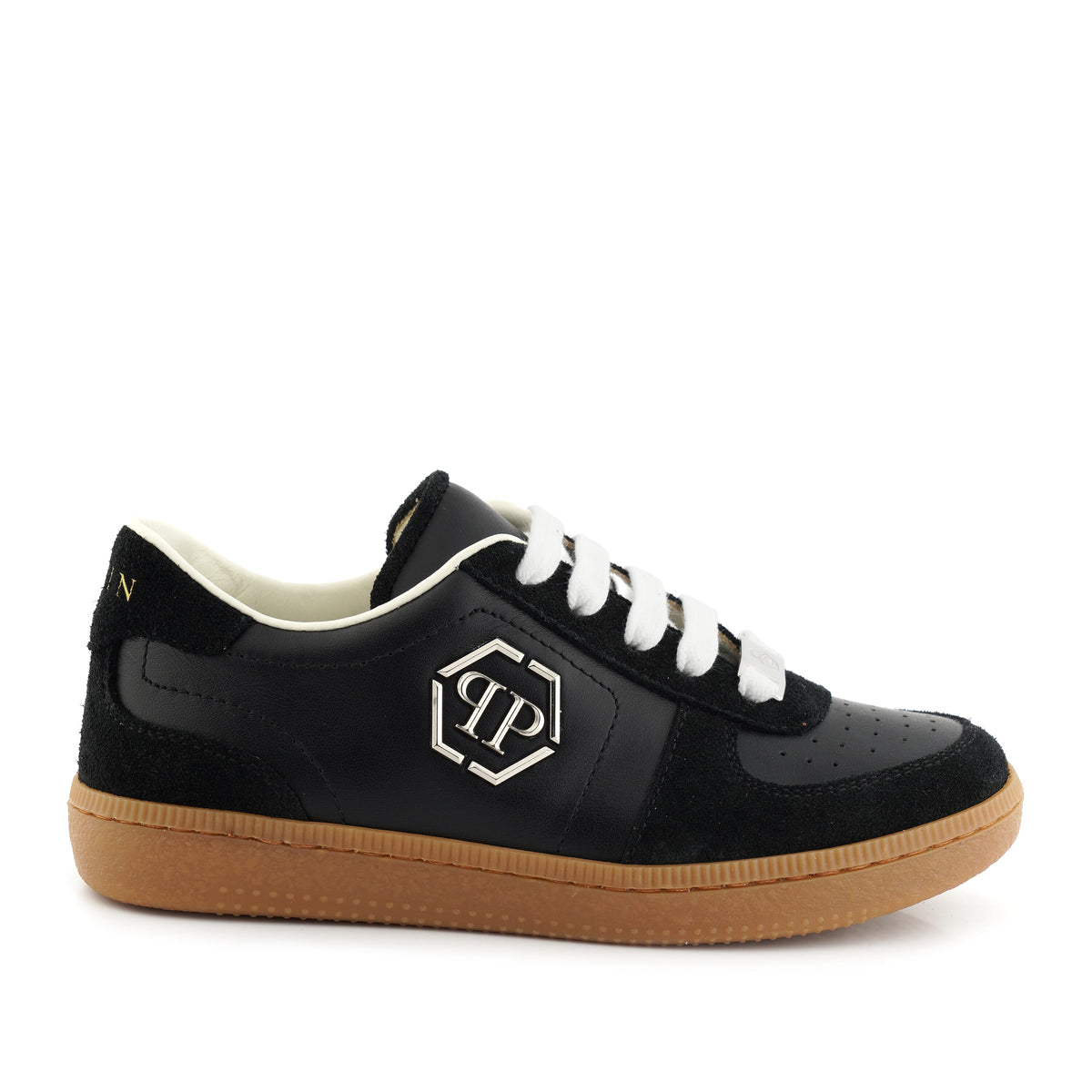 PHILIPP PLEIN SNEAKERS LOW LACE-UP LEATHER AND SUEDE WITH PP HEXAGON ON SIDE