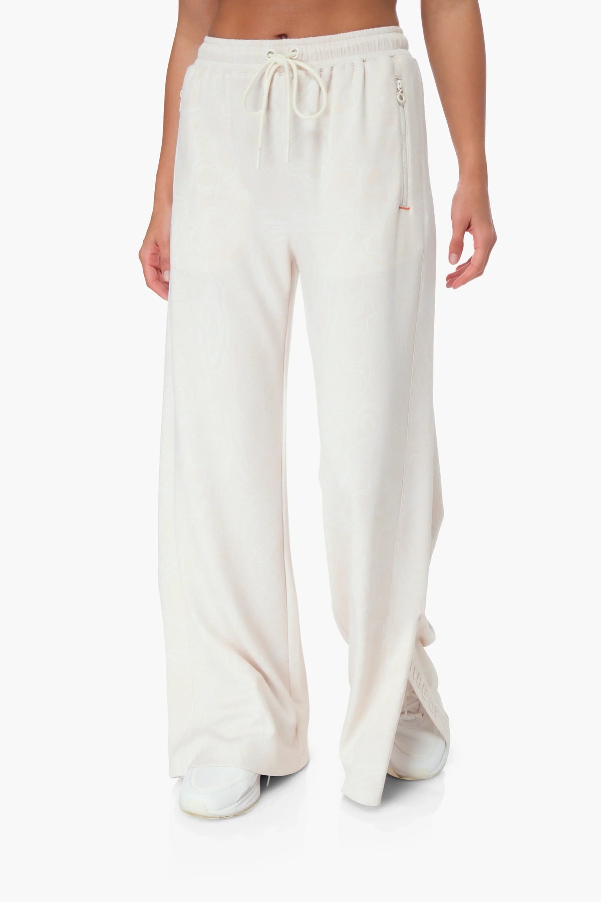 TRIBE OF 6 ANITA RECYCLED STRETCH HIGH WAISTED WIDE LEG TRACK PANT WITH EMBROIDERY