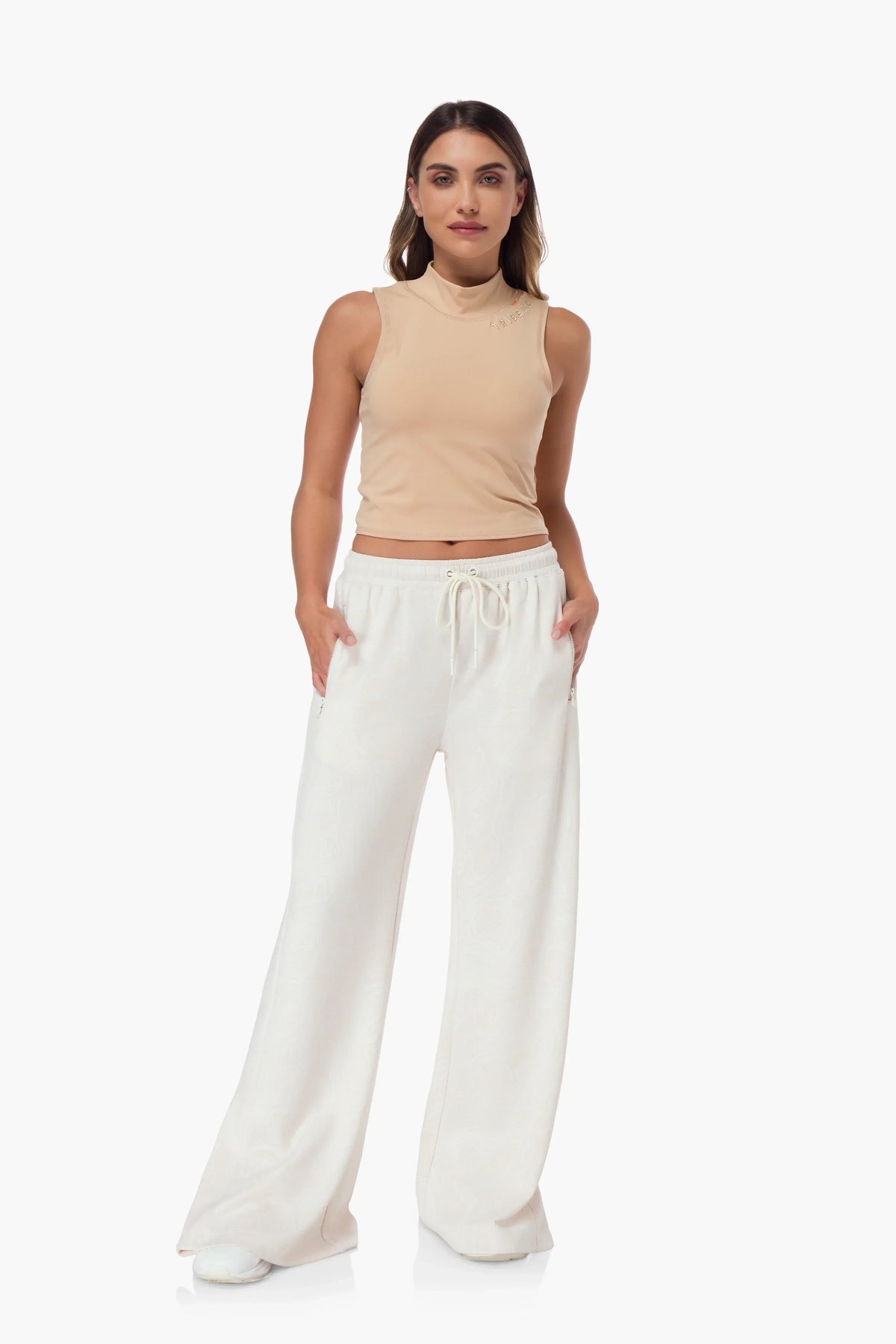 TRIBE OF 6 ANITA RECYCLED STRETCH HIGH WAISTED WIDE LEG TRACK PANT WITH EMBROIDERY