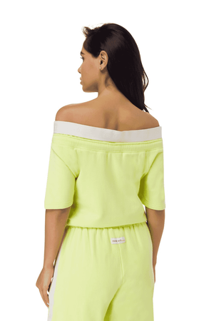 TRIBE OF 6 AVERY BRUSHED BAMBOO OFF SHOULDER 3/4 SLEEVE  SWEAT TOP WITH TAPE DETAIL