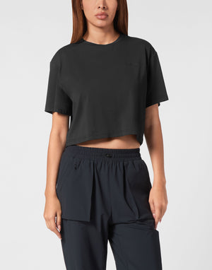 PLEIN SPORT COTTON CROPPED T-SHIRT ROUND NECK SS SCRATCH