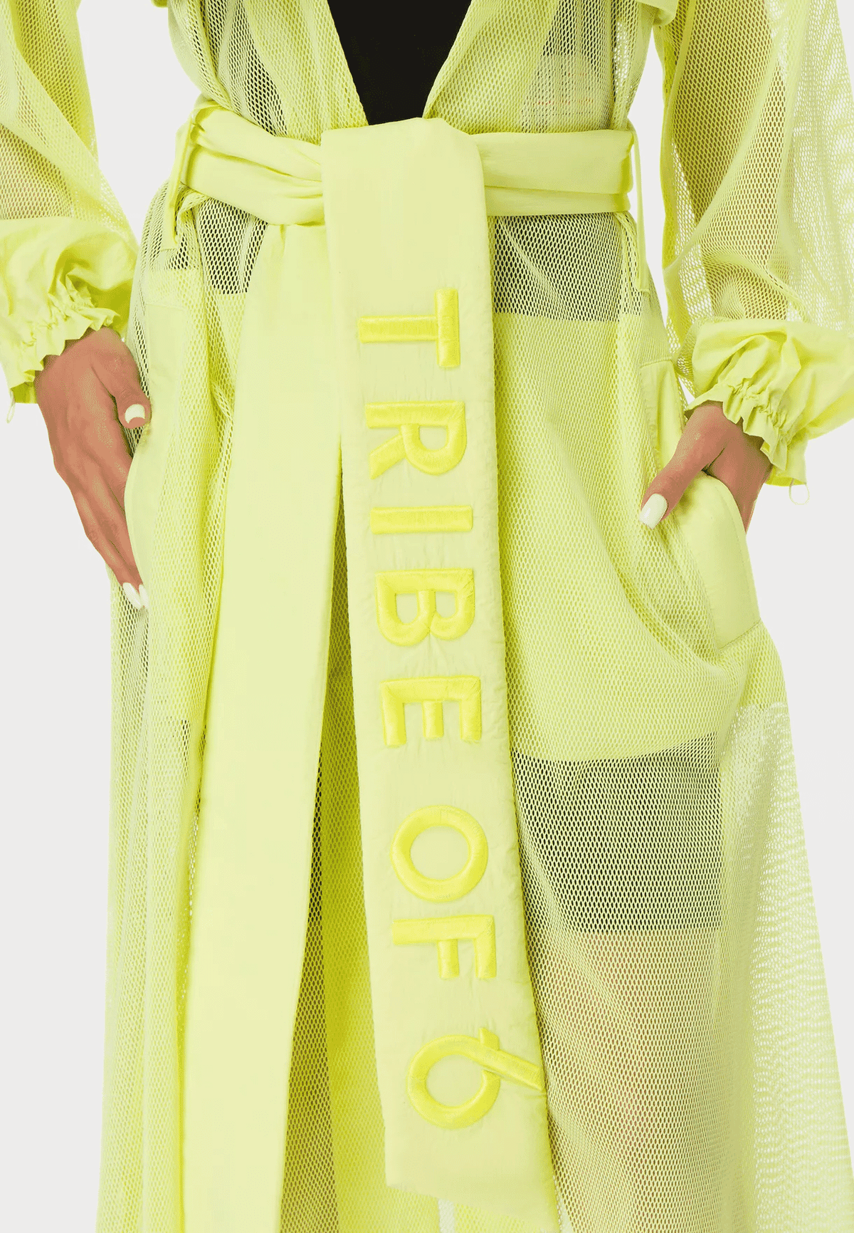 TRIBE OF 6 ALANA MESH TRENCH COAT WITH EMBROIDERED BELT