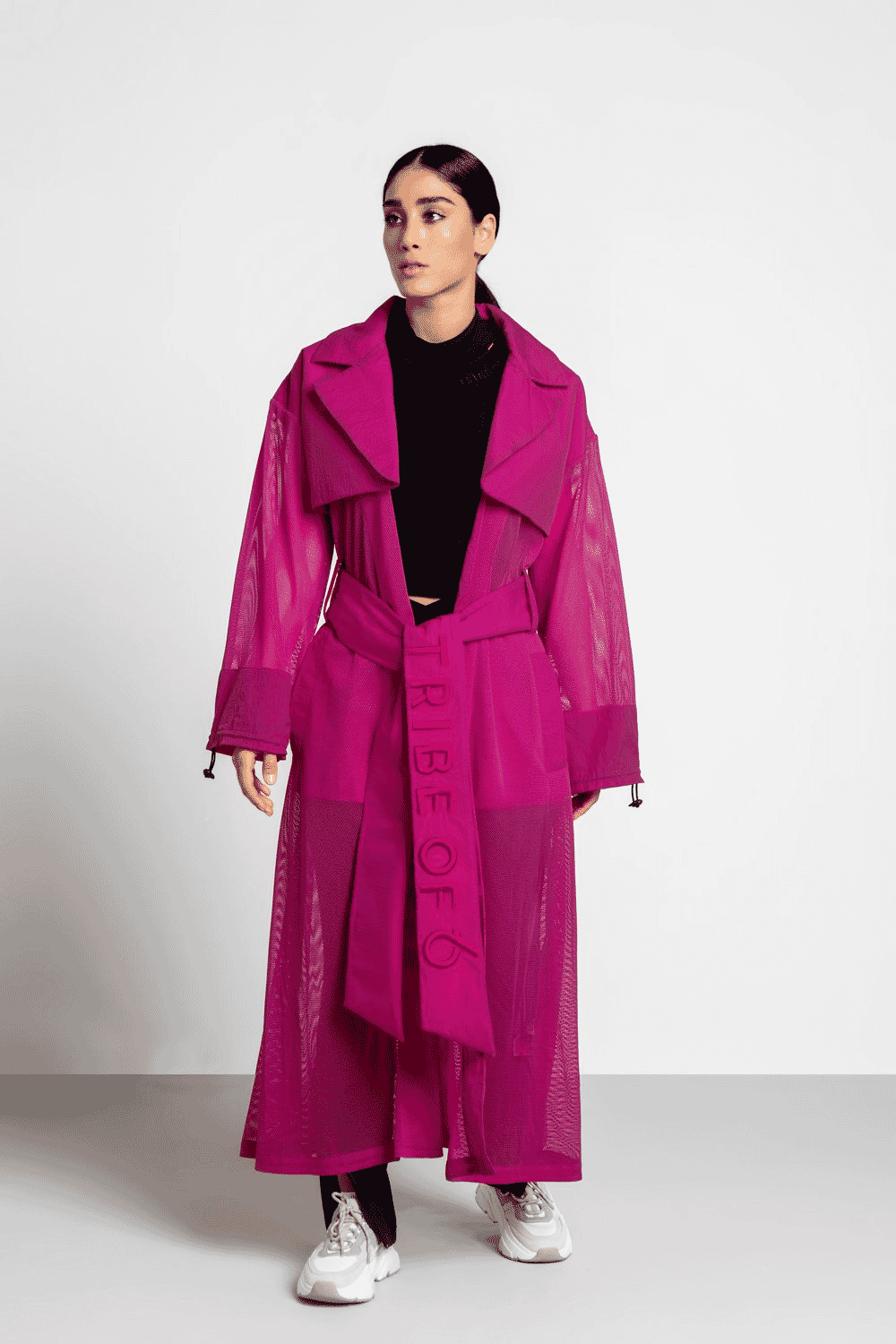 TRIBE OF 6 ALANA MESH TRENCH COAT WITH EMBROIDERED BELT