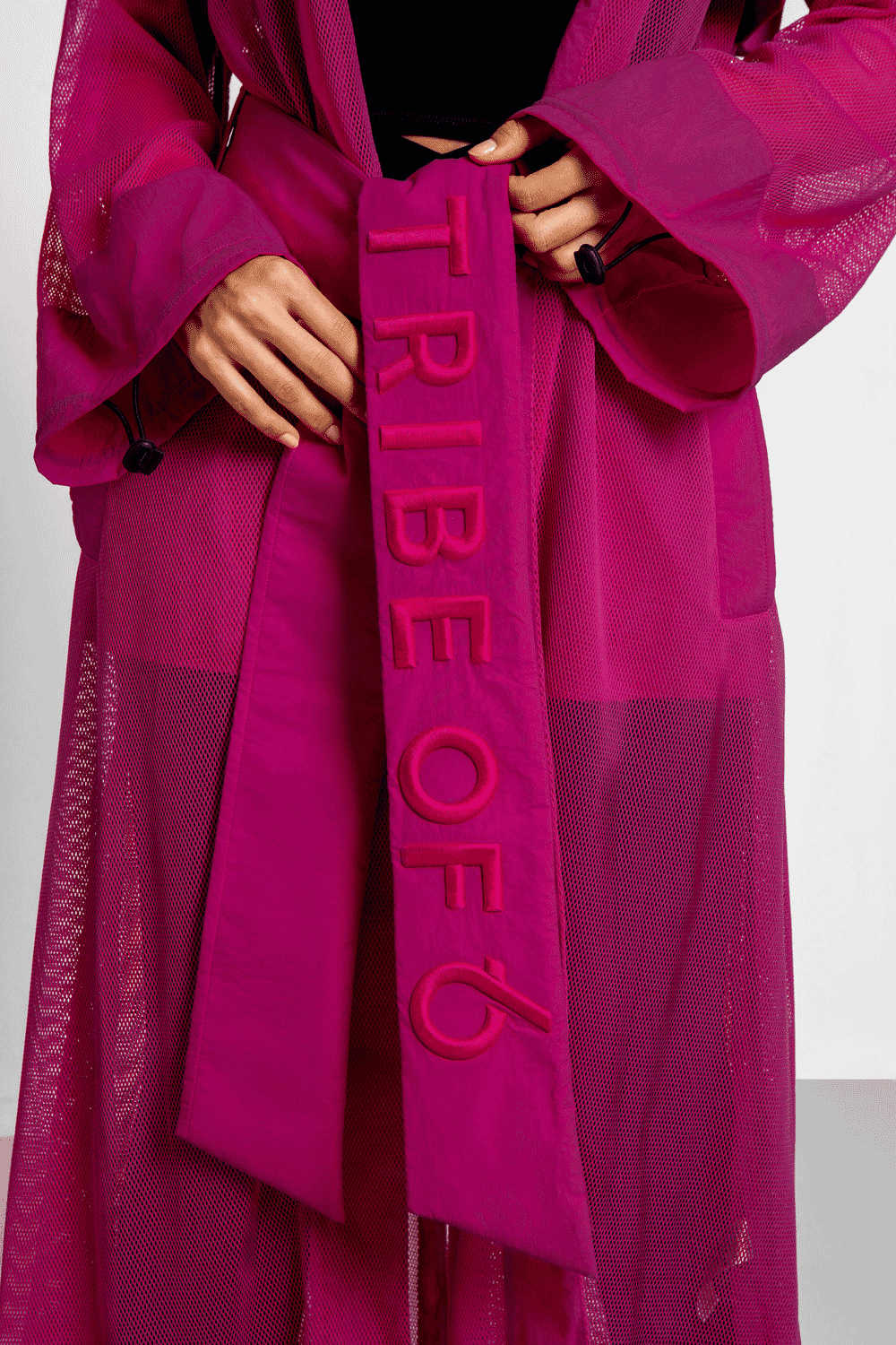 TRIBE OF 6 ALANA MESH TRENCH COAT WITH EMBROIDERED BELT